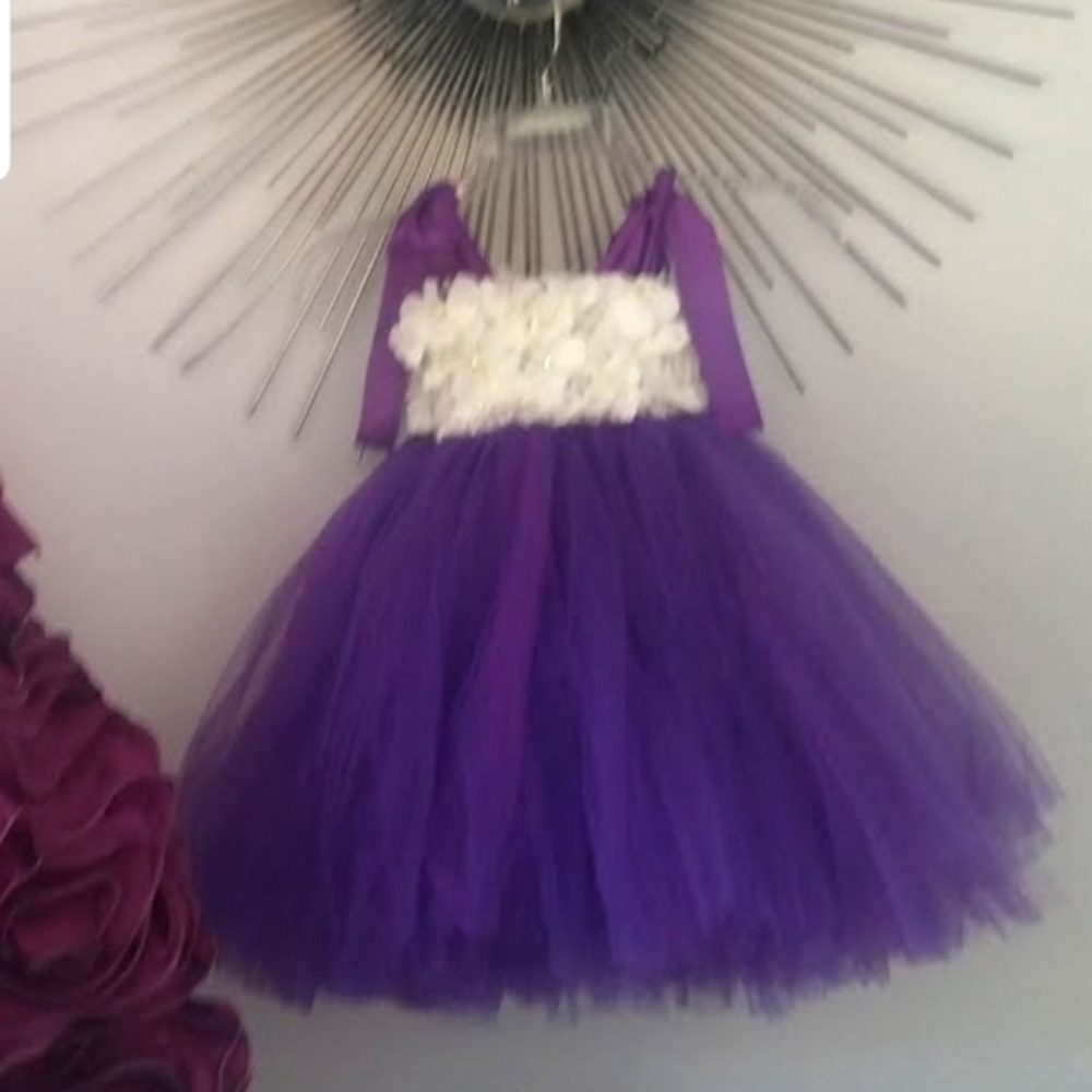 Purple white 3D flowers tulle tutu girl's dress gown
